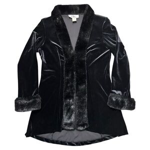 Vintage Patra Black Velvet Faux Fur Trim Classy Glam Long Cardigan, Medium